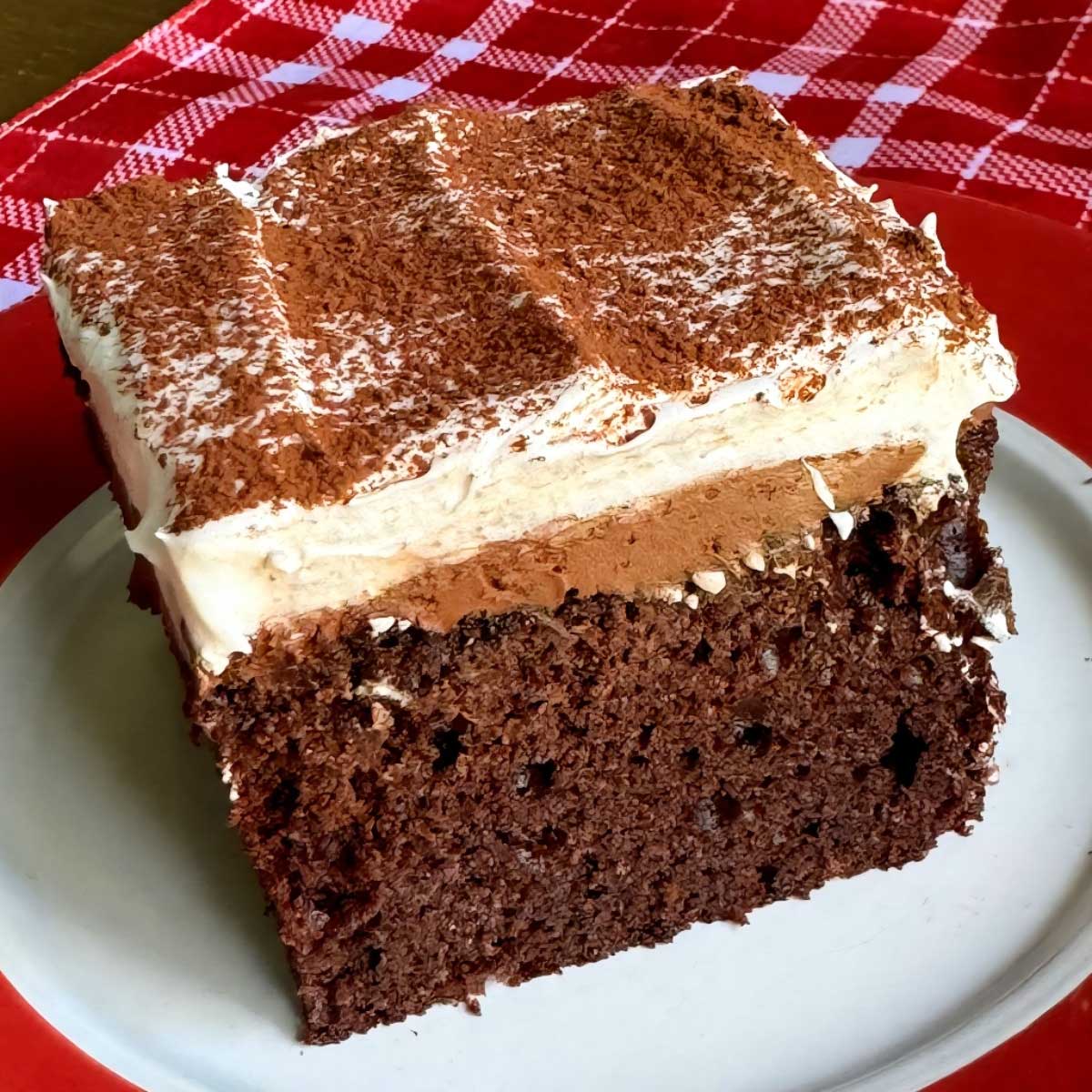 Wacky Cake or Depression Cake topped with chocolate ganache frosting and whipped cream.