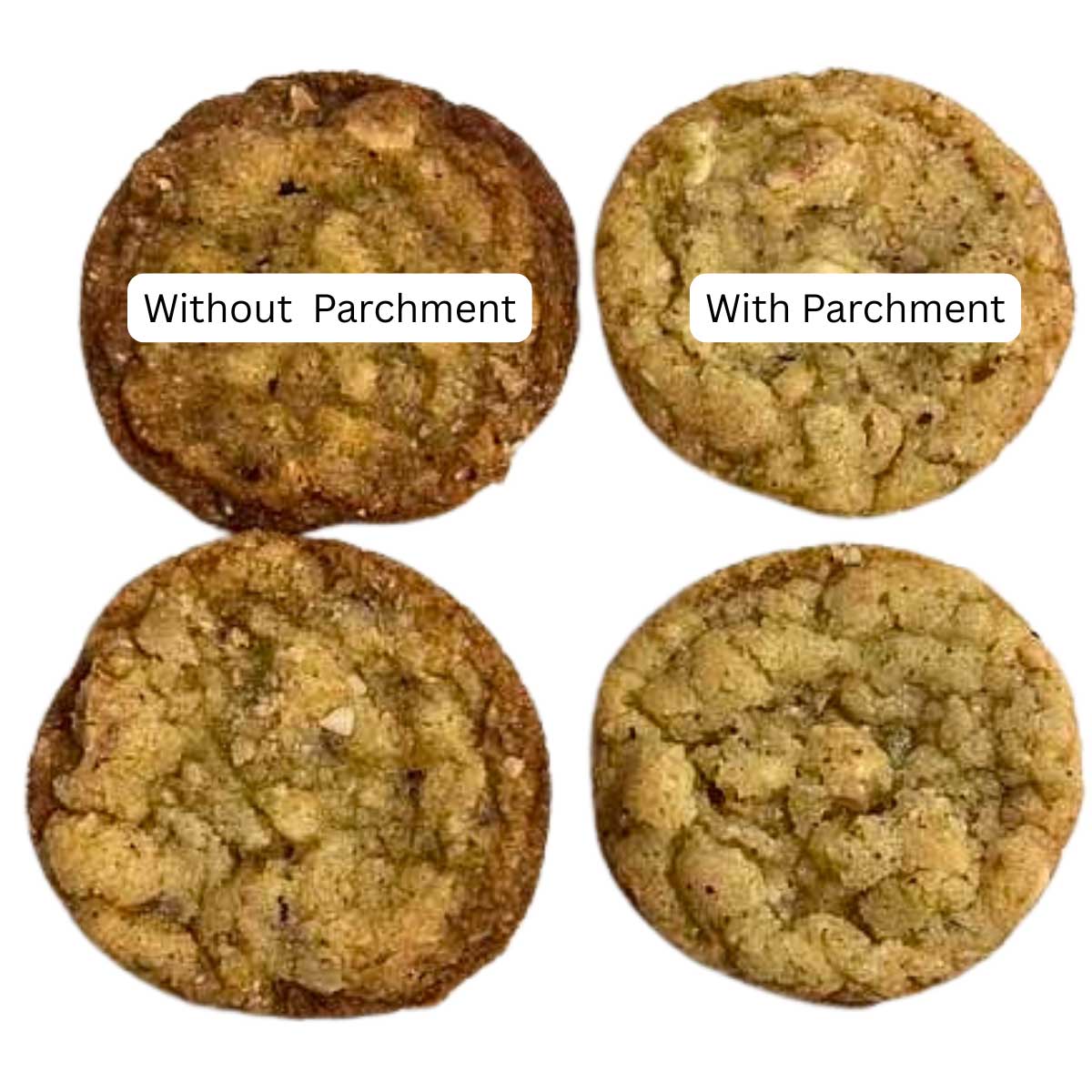 Hazelnut Pepper Cookies baked without parchment lining and with parchment lining.