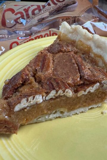 Melted Caramel Pecan Pie recipe made with 11 oz of Kraft caramels or caramel bits.