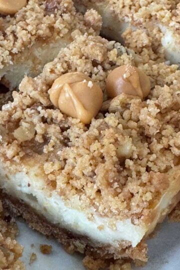 Butterscotch Cheesecake Squares or Bars made with graham cracker crumbs, nuts and butterscotch morsels.