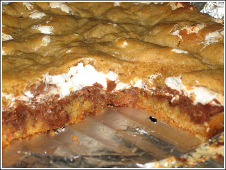 s'mores bars cross-section with marshmallow