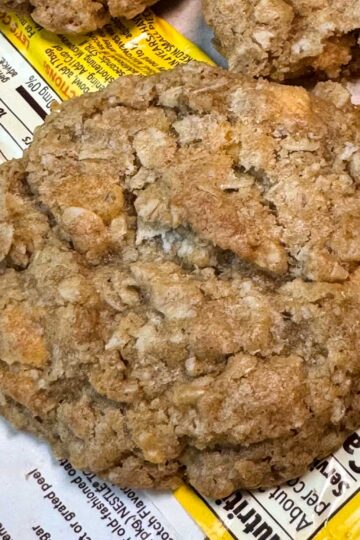 Oatmeal Scotchies recipe from the side of the butterscotch morsels bag showing texture of cookie.