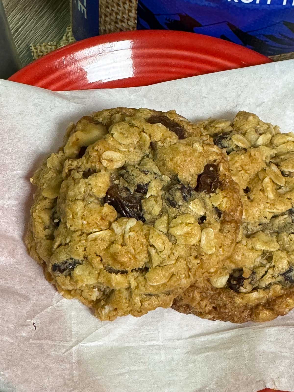 Small Batch Oatmeal Raisin Cookies on a parchment lined plate.