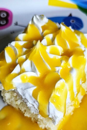 Coconut Sheet Cake with mango puree poured over the top.
