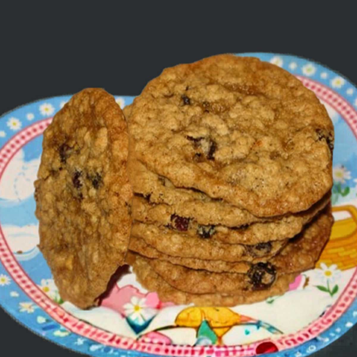 Thin and Chewy Oatmeal Cookies recipe showing bendy cookies.
