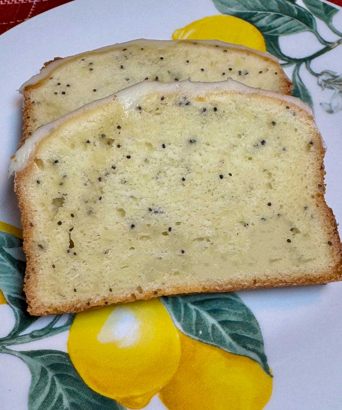Slice of lemon yogurt pound cake made with Greek yogurt and White Lily flour