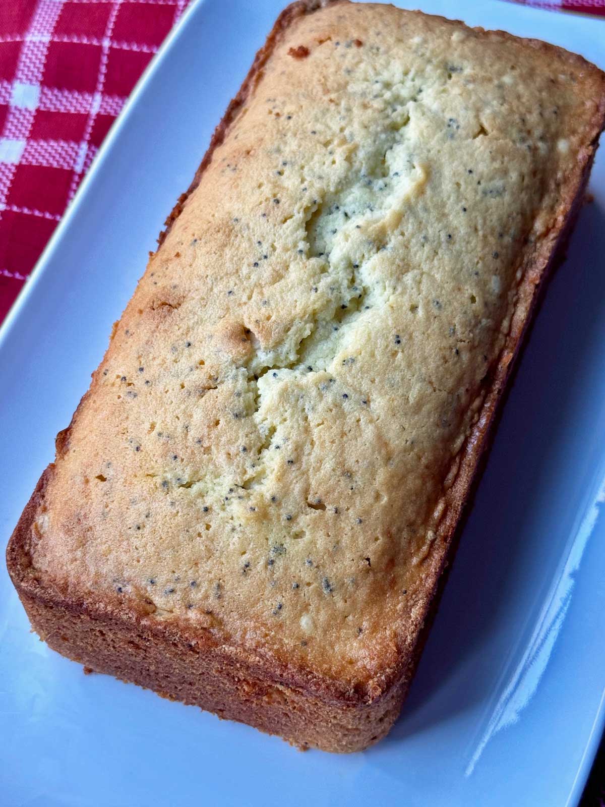 Loaf of lemon yogurt pound cake made with Greek yogurt and White Lily flour