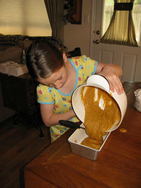 emma5 dumping batter into pan