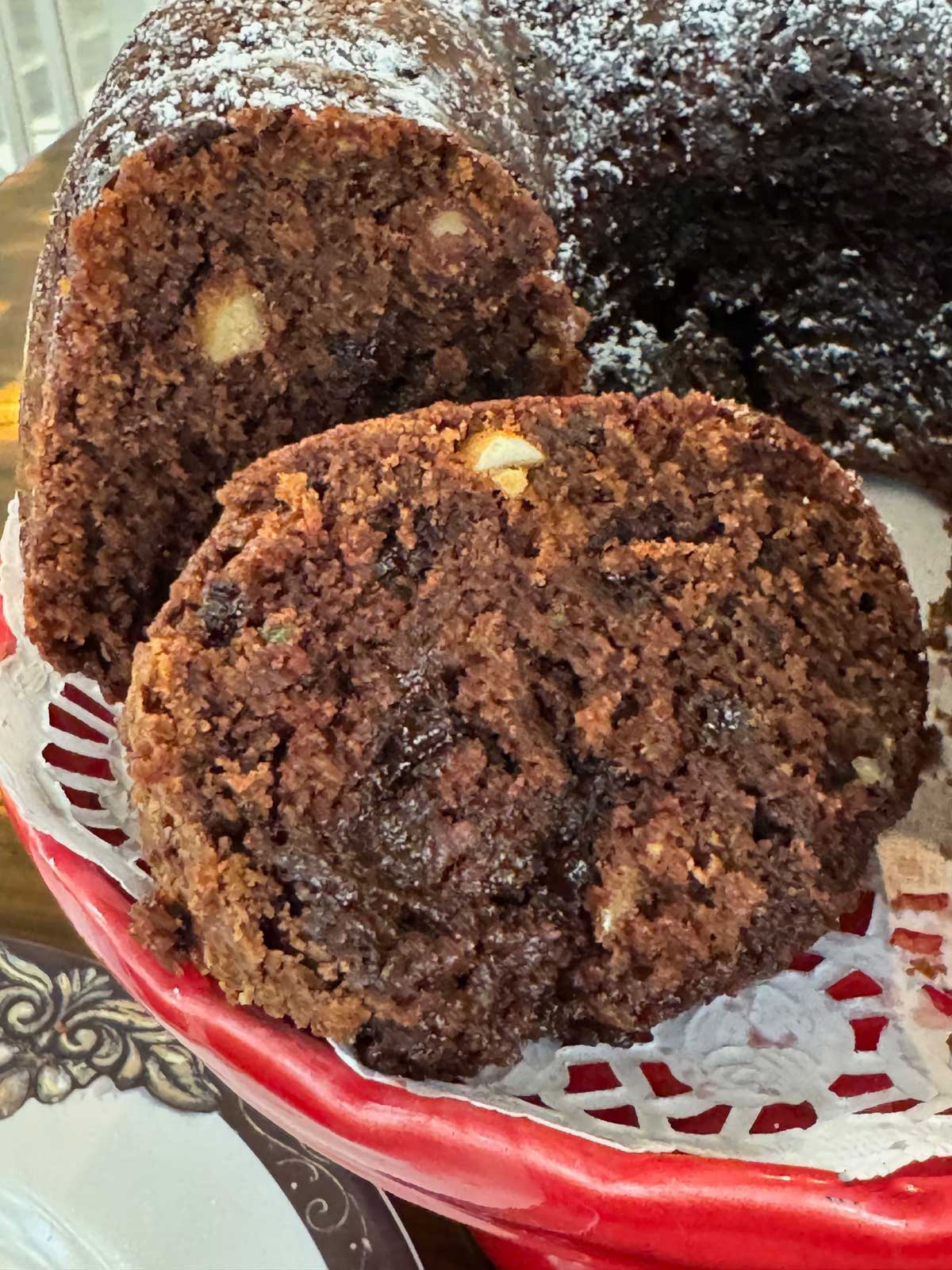 Slice of zucchini cake baked in a 6-cup Bundt pan.