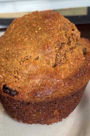 A classic bran muffin made with coarse wheat bran, molasses, brown sugar and oil with a high top.