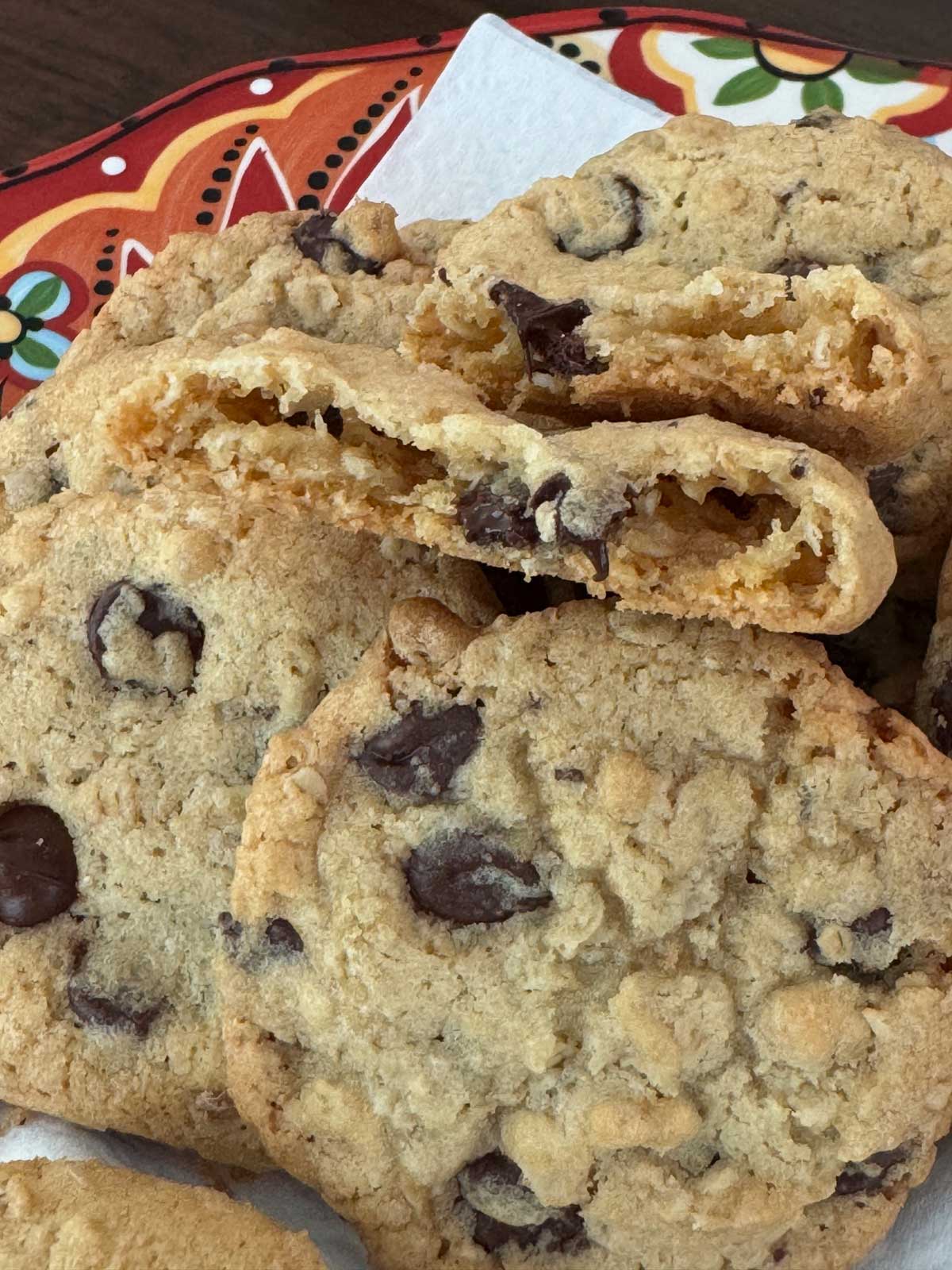Crunchy oatmeal chocolate chip cookies with lots of air pockets.