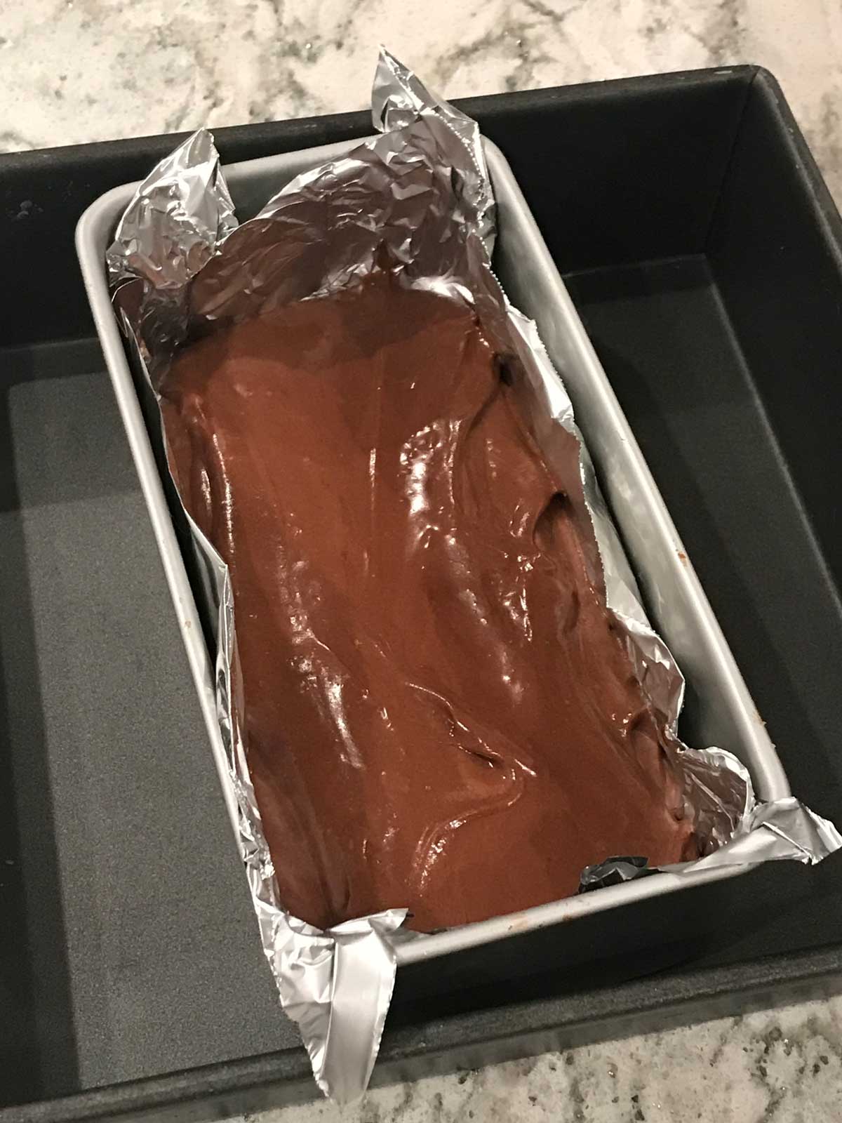 flourless chocolate cake in a loaf pan