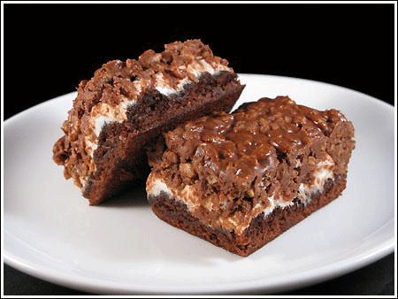 marshmallow krispie topped brownies with packaged brownie mix