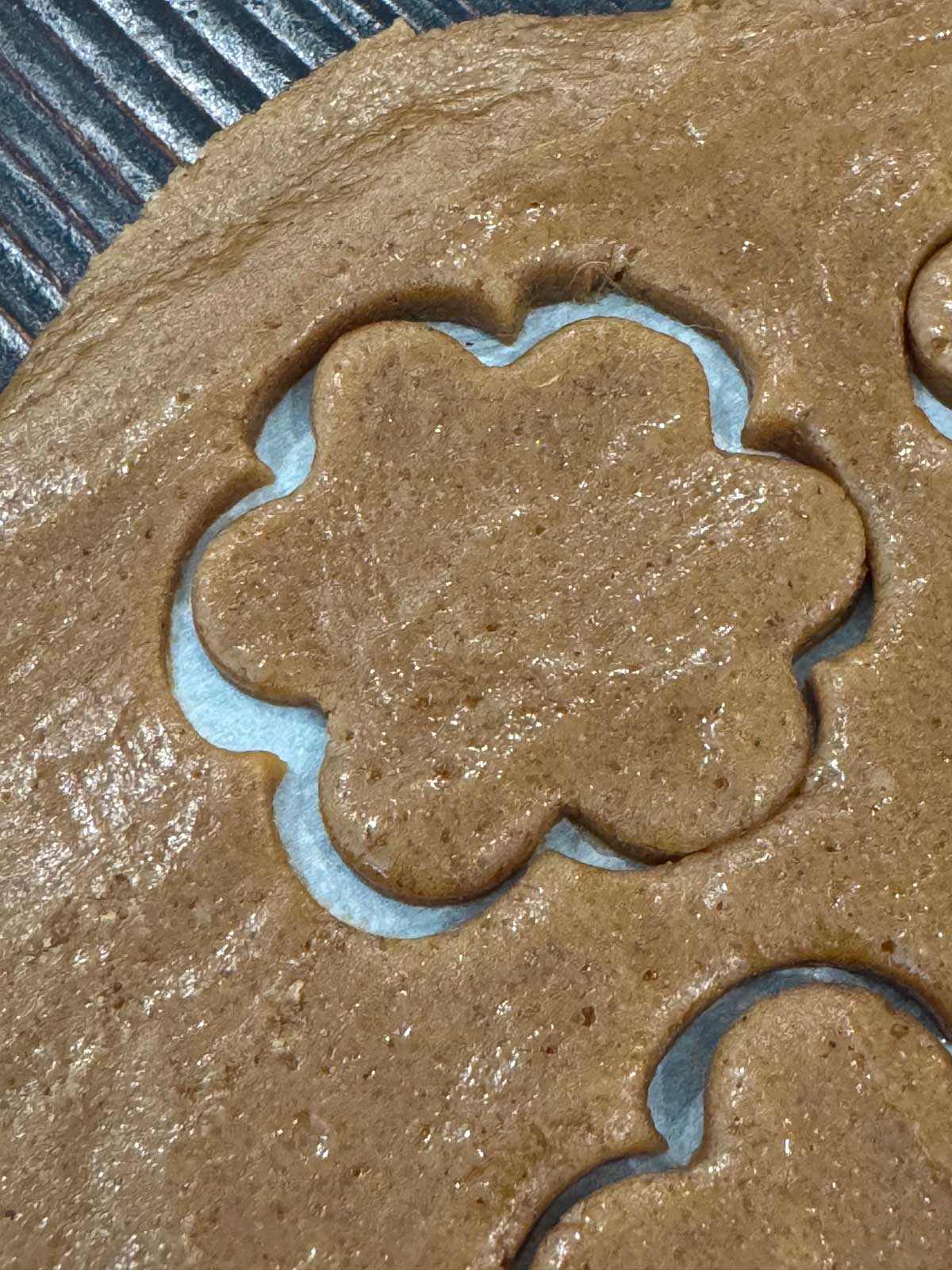 Swedish Gingersnaps (Pepparkakor) dough being cut on parchment paper.