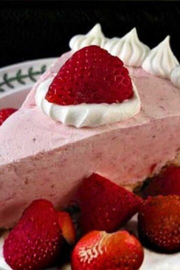 Strawberry Margarita Pie made with Triple Sec and Tequila on a salty pretzel crust.