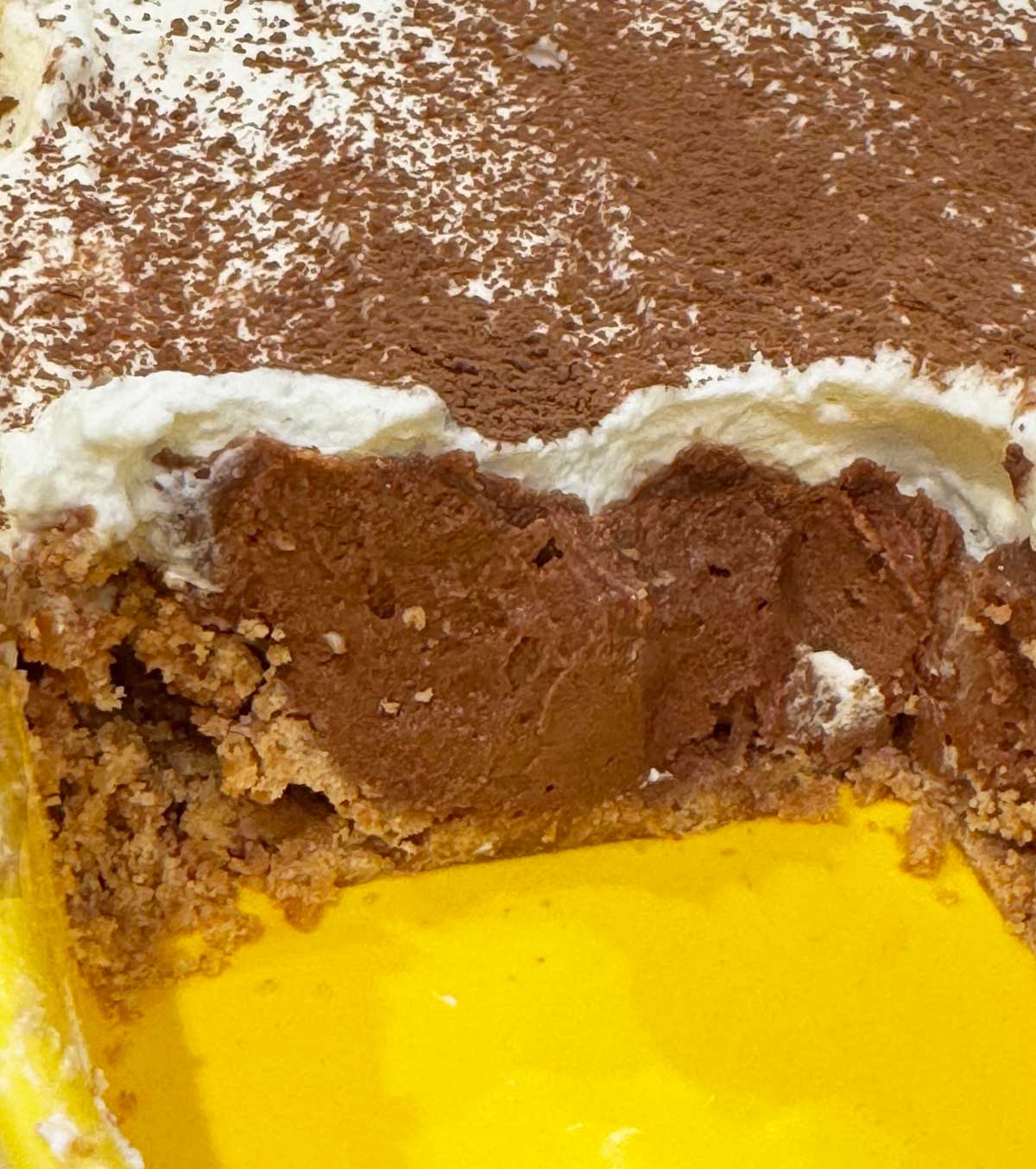 Chocolate pie with a graham cracker crust texture.