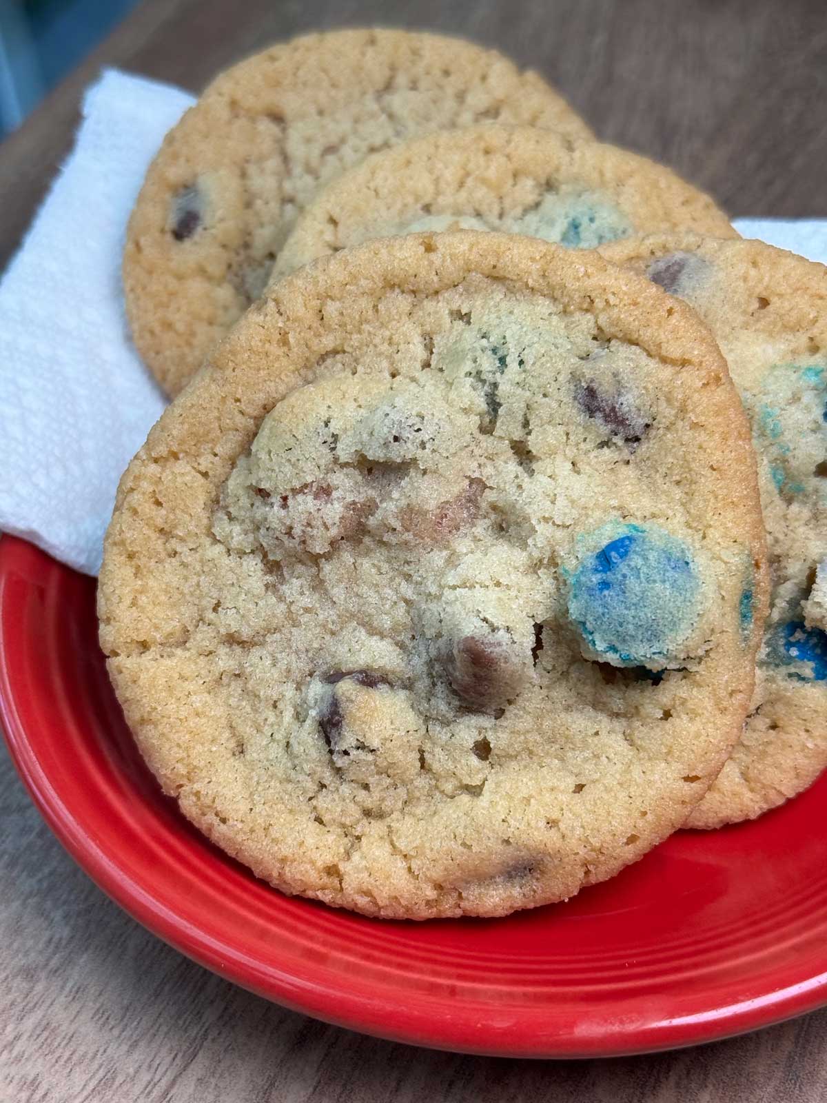 M&Ms Cookies with red, white and blue M&Ms for July 4.