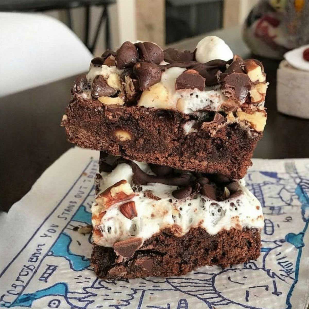Easy Rocky Road Brownies recipe that starts with packaged brownie mix.