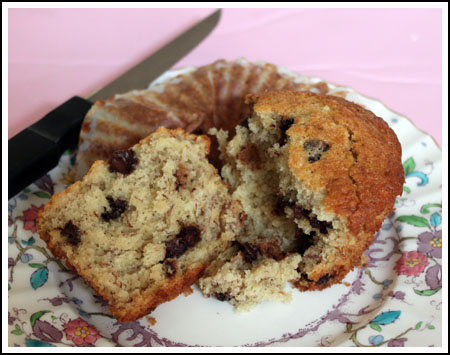 banana muffin cut banana chocolate chip muffins