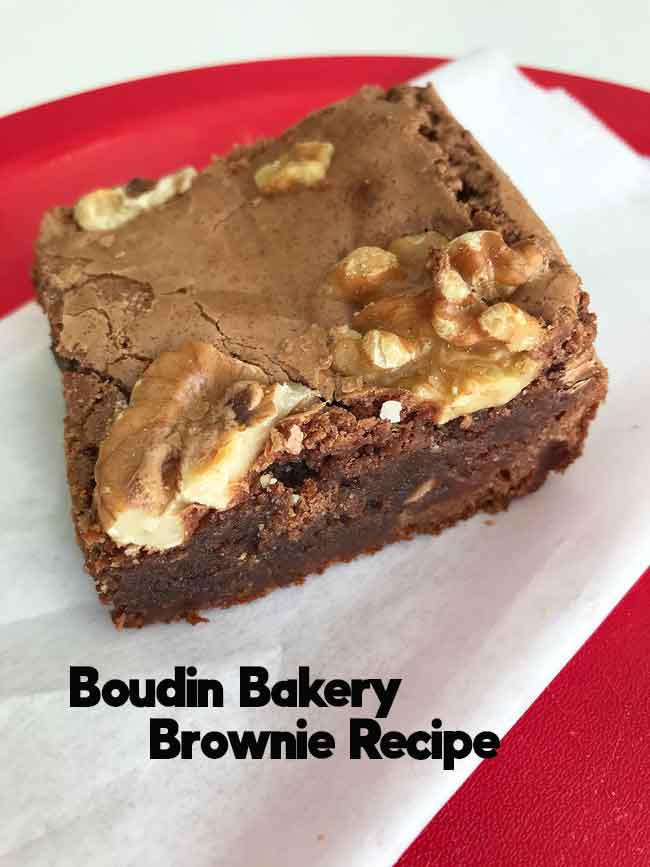 Boudin Bakery Brownies baked in a 9x13 inch glass pan.