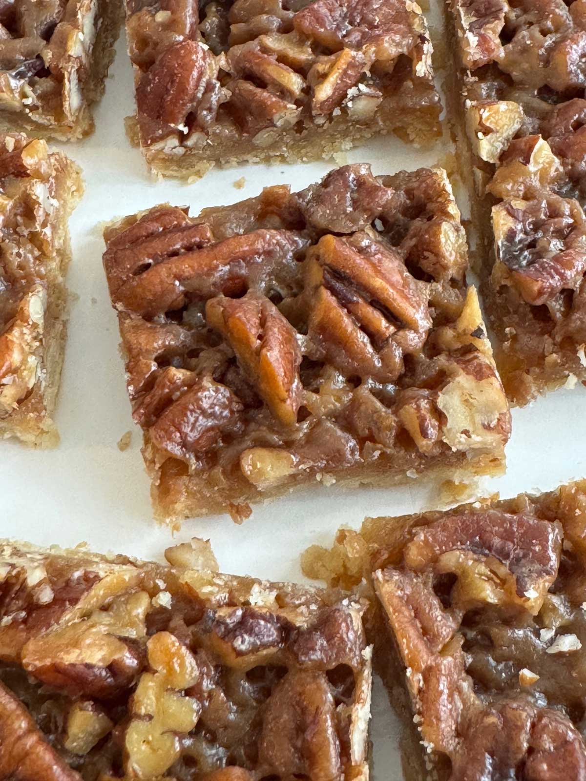 Maple Pecan Bars recipe cut into squares.