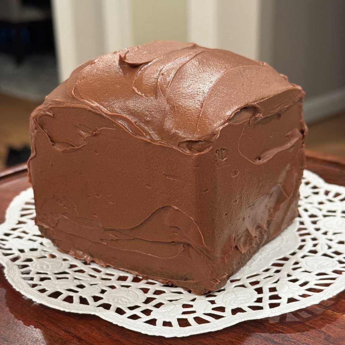 Brownstone Front Cake baked in a cube shaped loaf pan.