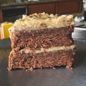 A slice from a small 8-inch two layer German Chocolate Cake recipe.