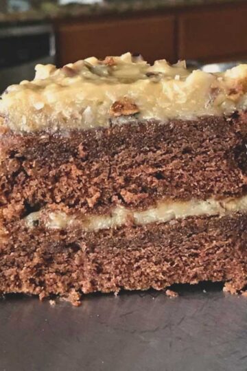A slice from a small 8-inch two layer German Chocolate Cake recipe.