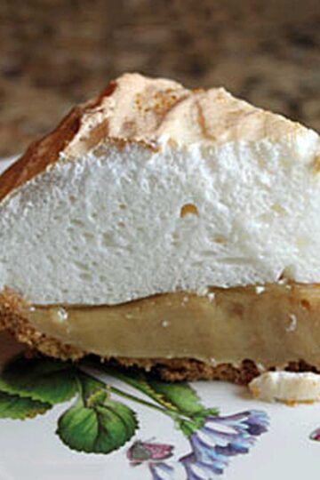 Small butterscotch pie slice from a pie baked in a 7-inch pie dish.