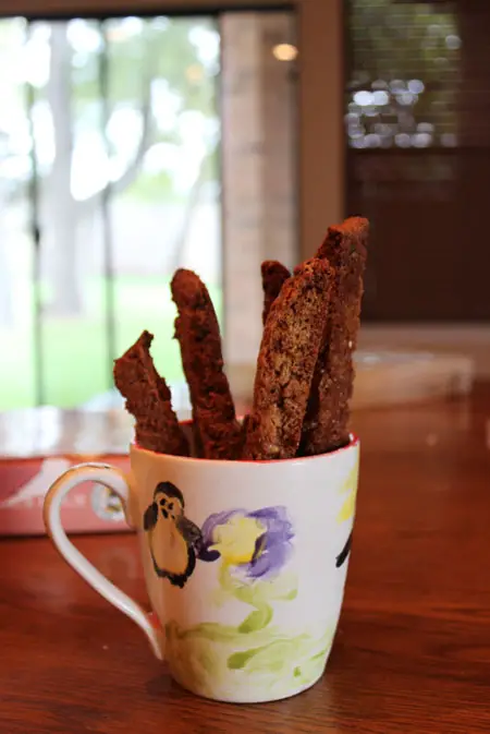 Butter Brickle Biscotti made with whole wheat flour and toffee bits.