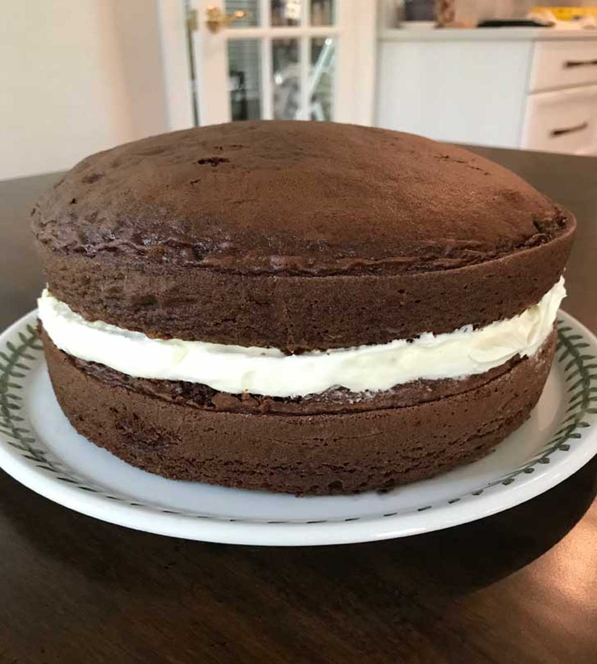 Luby's inspired chocolate cake filled with easy Bavarian cream filling.