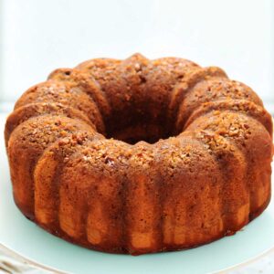 A Tortuga Rum Cake made by mixing dry ingredients first in a food processor, then adding wet.