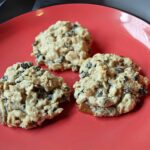A recipe for thick oatmeal cookies made with currants and chopped Skor Bars.