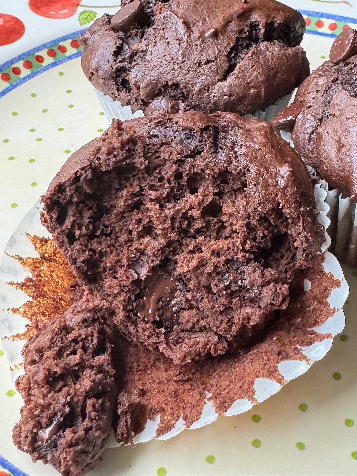 Moist texture of chocolate apple butter muffins