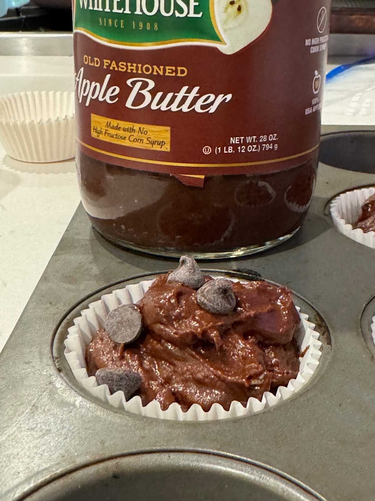 Thick batter for chocolate apple butter muffins recipe