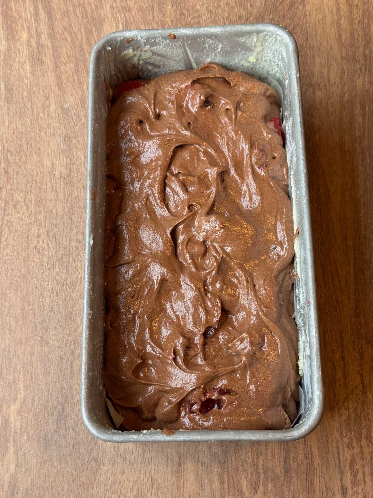 Chocolate Cherry Cake batter in an 8x4 inch Fat Daddio's loaf pan.