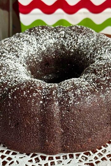 An old chocolate bourbon cake recipe rewritten to fit a 6-cup capacity fluted pan