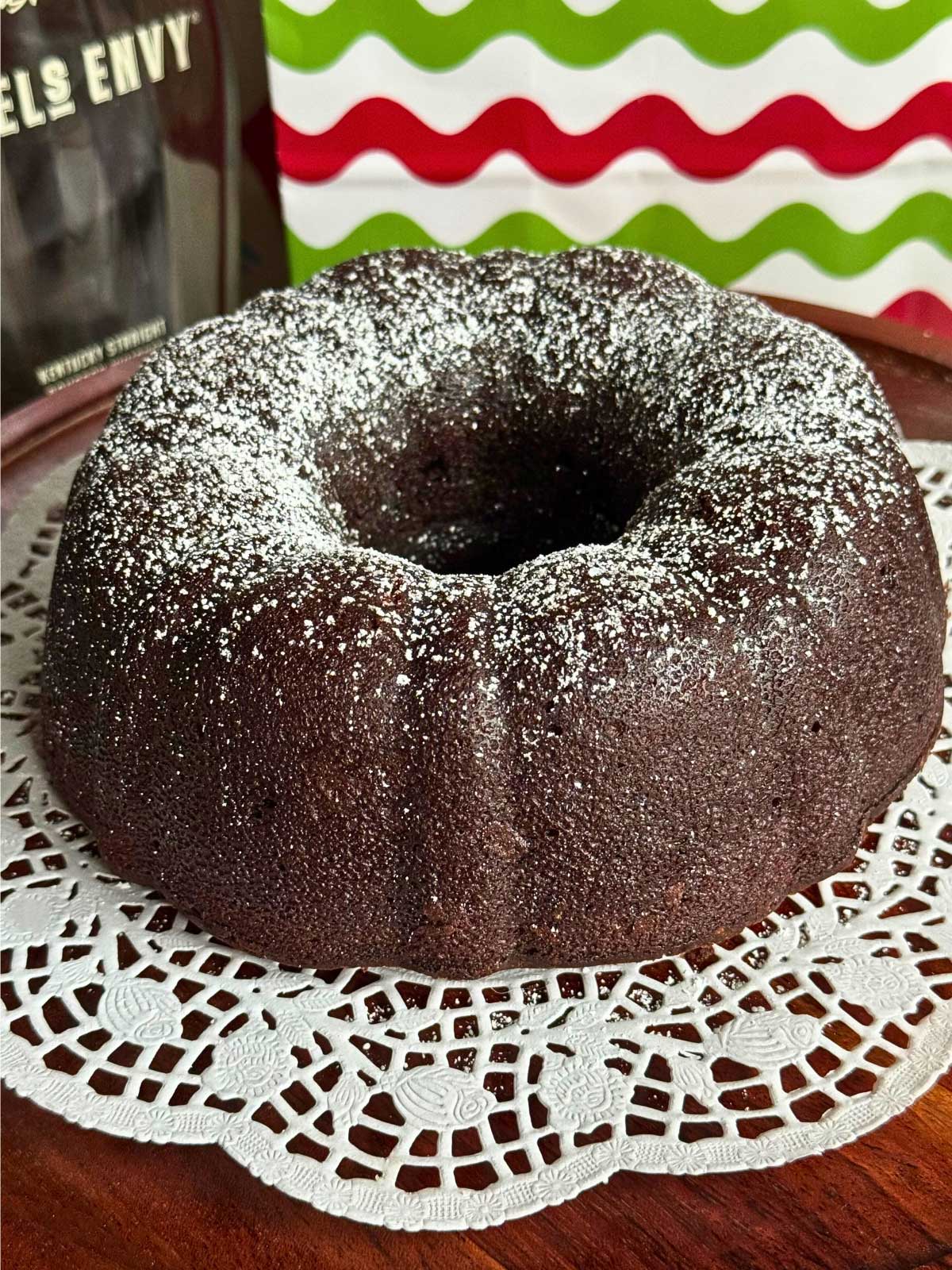 An old chocolate bourbon cake recipe rewritten to fit a 6-cup capacity fluted pan