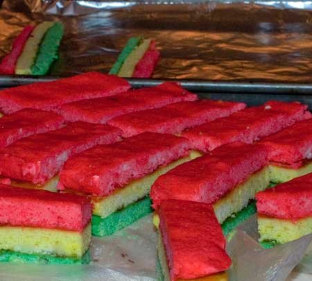 rainbowl-cookies-two rainbow cookies ready to cut and trip