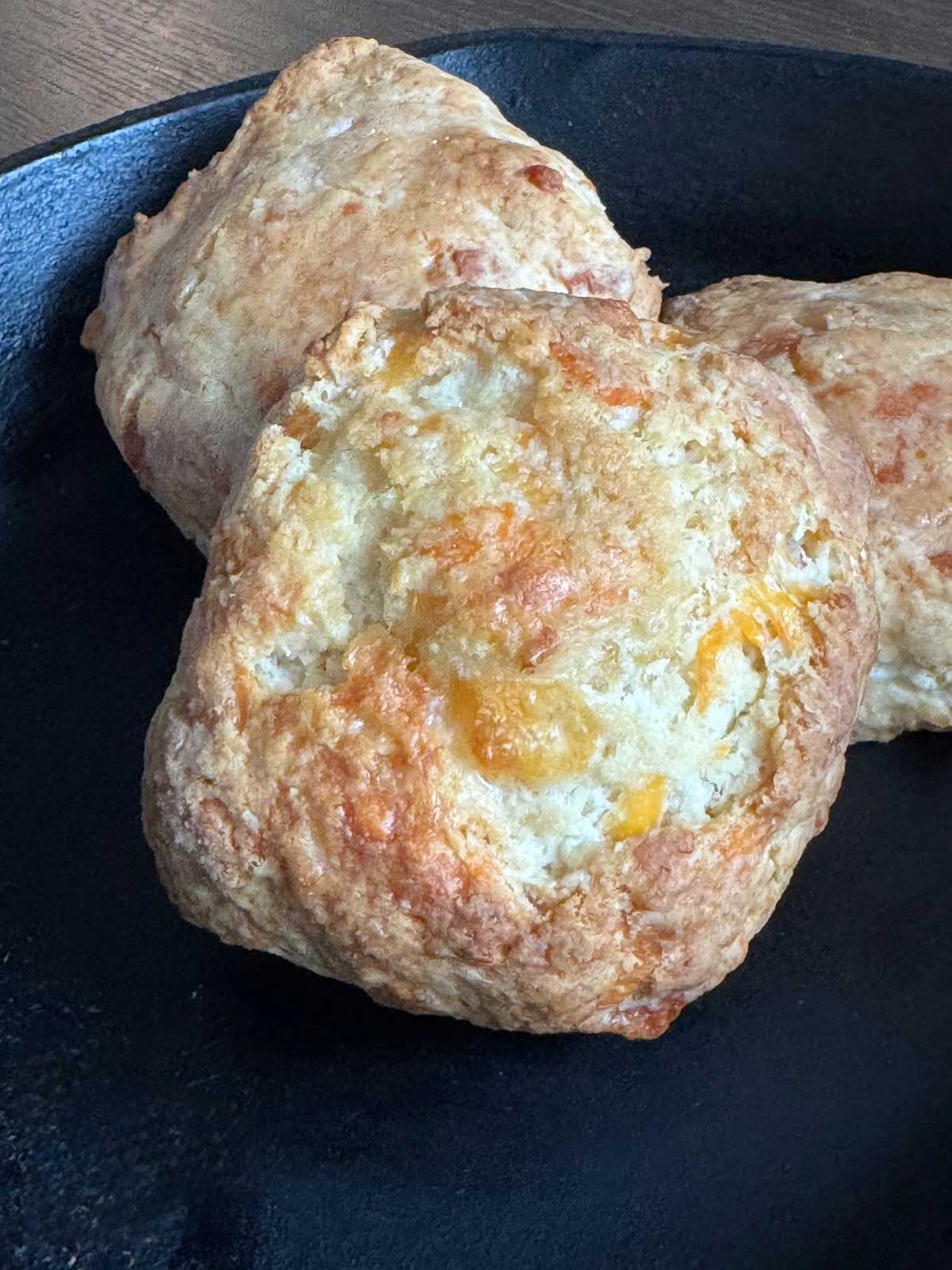Cheddar cheese biscuits made with a mix that includes milk powder.