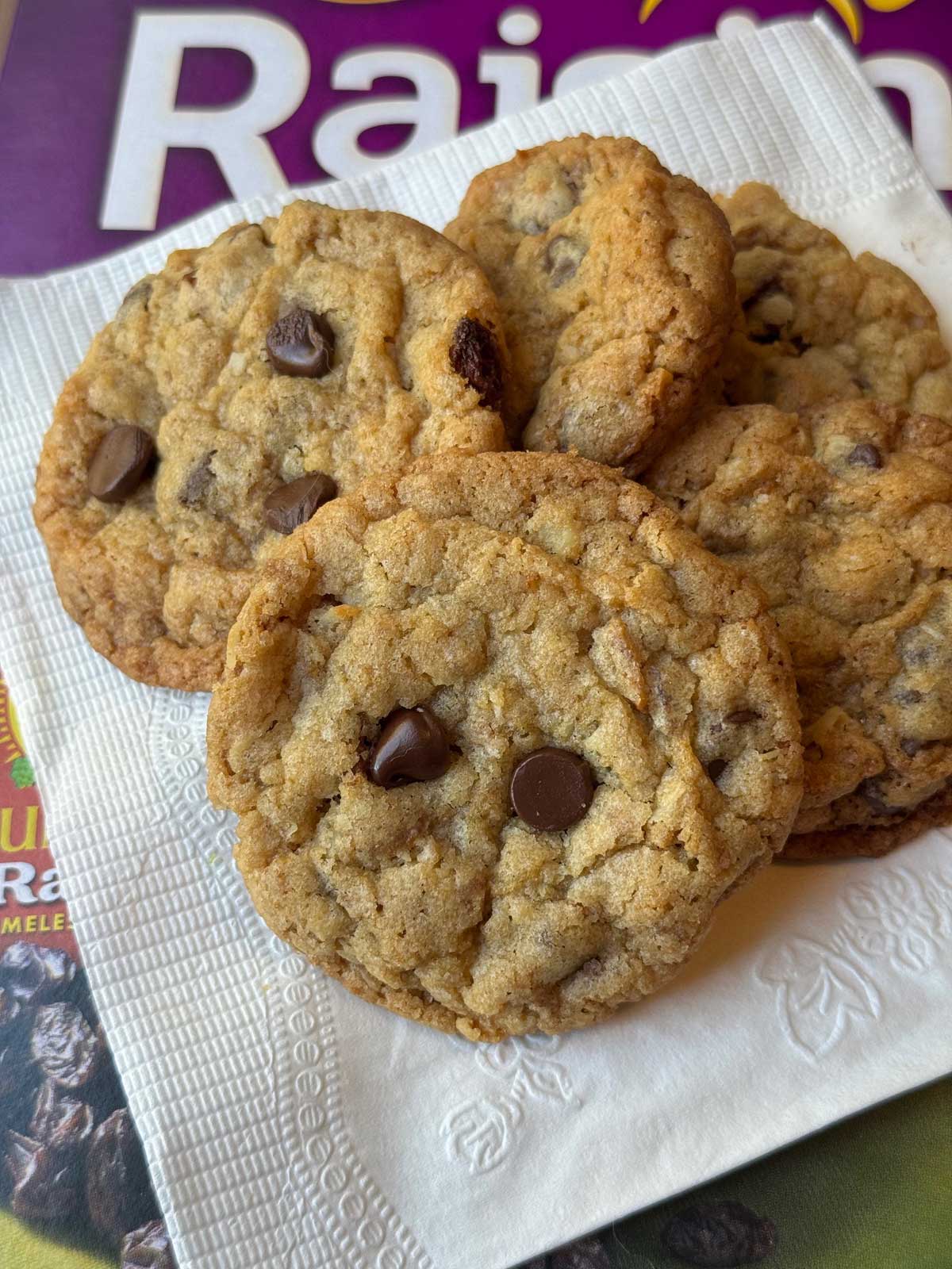 Crunchy Raisin Bran Cookies, chocolate chip cookie with lightly crushed cereal.