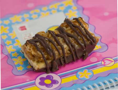 samoa-bar Easy Samoas Bars baked in an 8 inch square pan for a small batch.