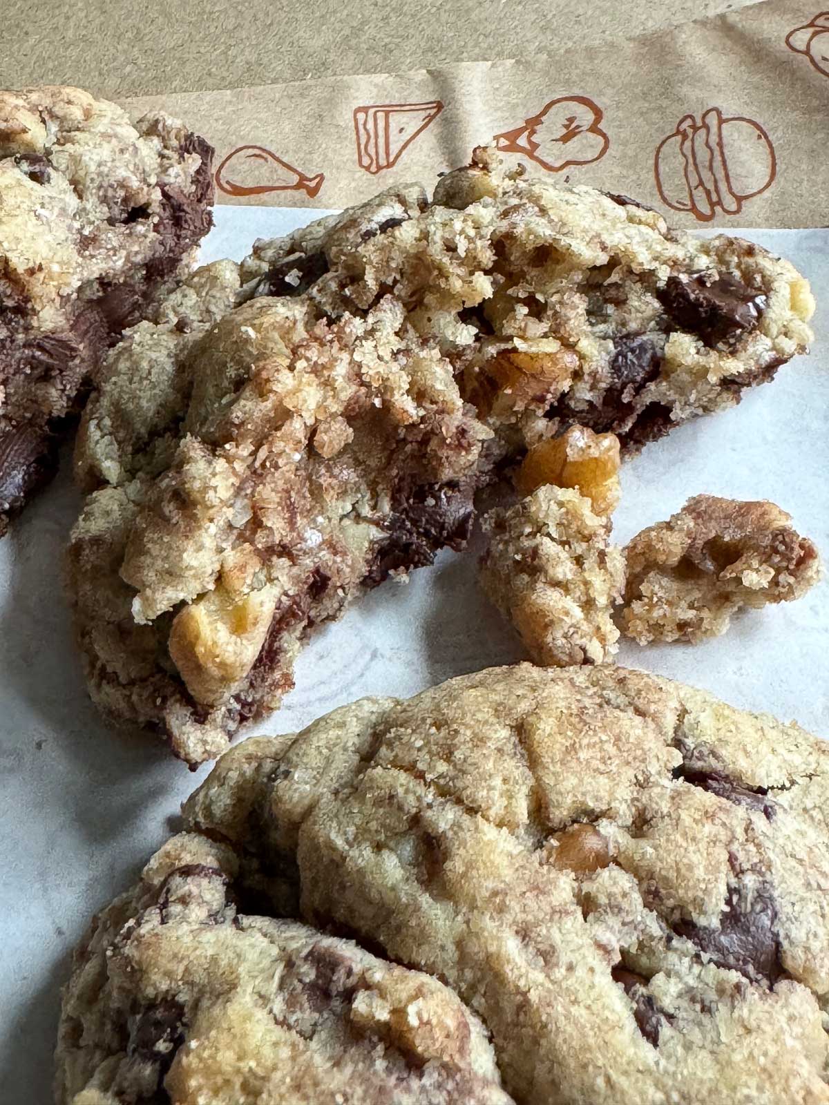 Thickness of Neiman Marcus Cookies with ground oats and grated milk chocolate.