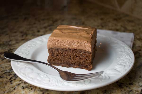 Chocolate Cake made with pancake syrup and baked in an 8 inch pan.