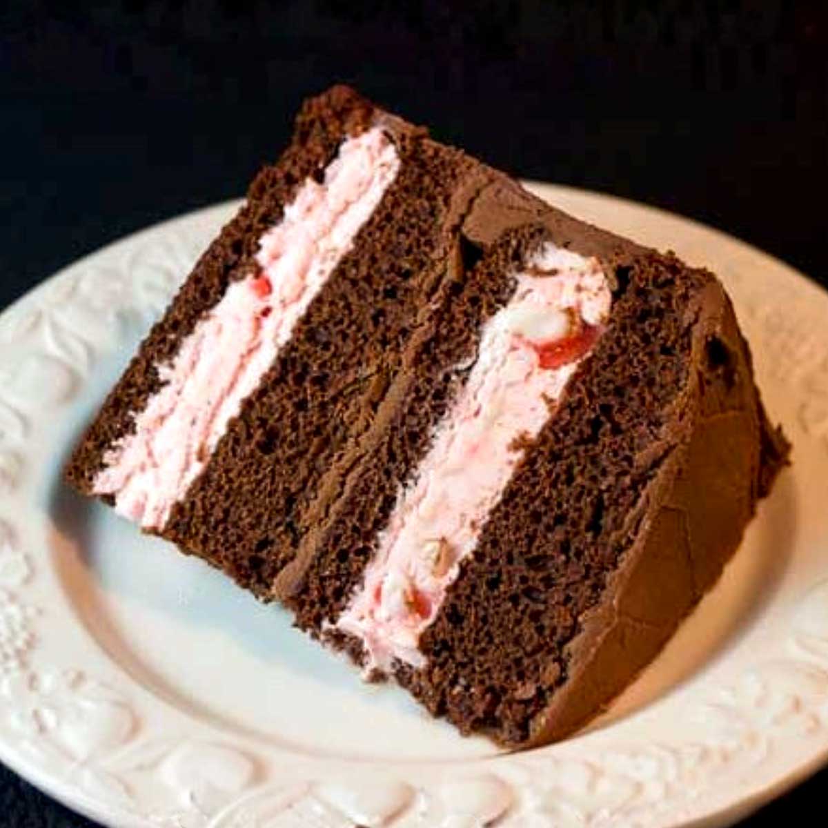 Ice cream cake filled with Eagle Brand no-churn peppermint ice cream recipe.