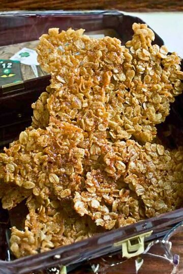 Helen Corbitt's Oatmeal Cookie Brittle recipe baked and broken in pieces.