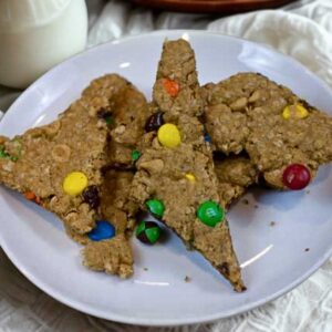 A plate of Monster Cookie Bark, which is just Monster Cookies pressed into a slab and baked as a bark or cookie brittle.