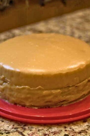 Scratch caramel cake recipe with a caramel frosting that has egg in it.