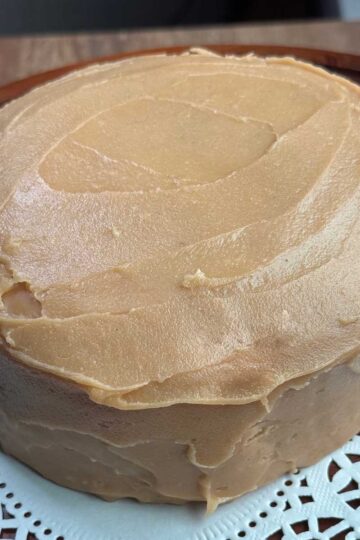 Scratch caramel cake made with a basic yellow cake and a spreadable caramel icing.