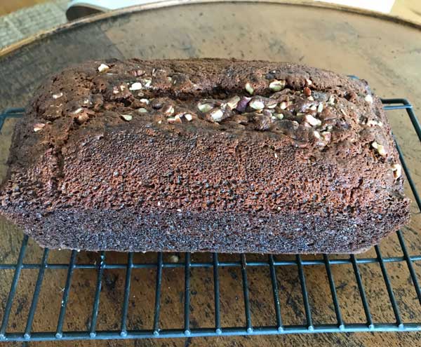 Dark loaf of banana bread that bakes at 275 and has a lot of baking soda.